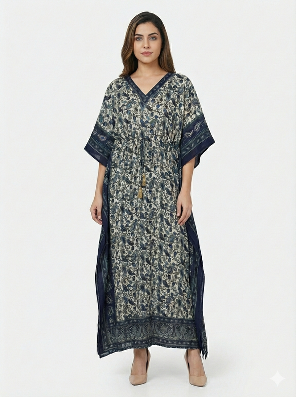 Rizqé Indigo Paisley Serenity Artisanal  Modest Kaftan | Beach Wrap