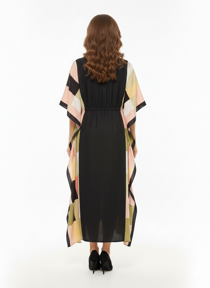Rizqé Geometric Prism Block-Print Drawstring Kaftan | Beach Wrap