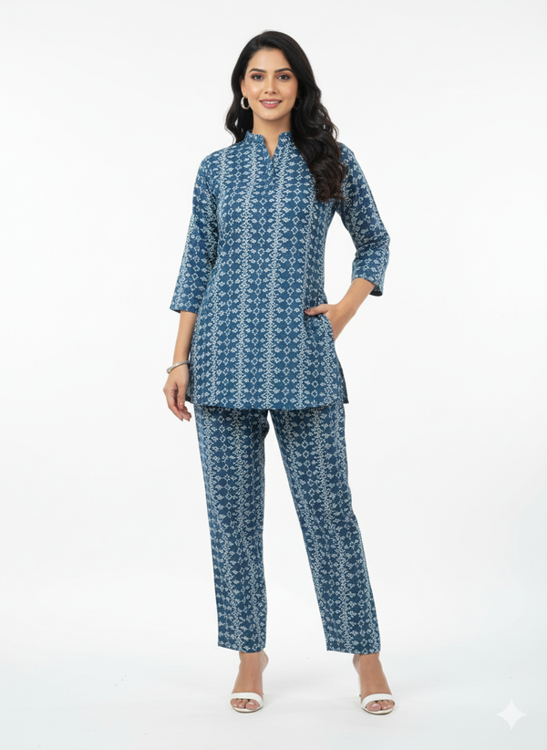 Indigo Tapestry Printed Kurti Co-ord Set | Rizqé by Zadine Elegant Tunic & Trousers