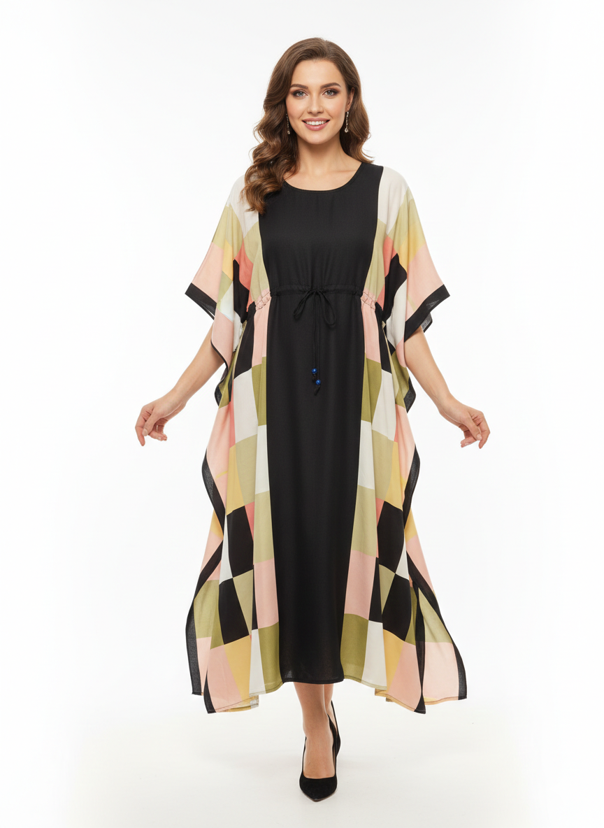 Rizqé Geometric Prism Block-Print Drawstring Kaftan | Beach Wrap