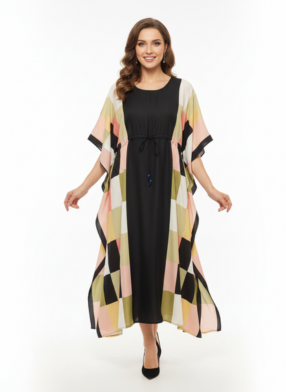 Rizqé Geometric Prism Block-Print Drawstring Kaftan | Beach Wrap