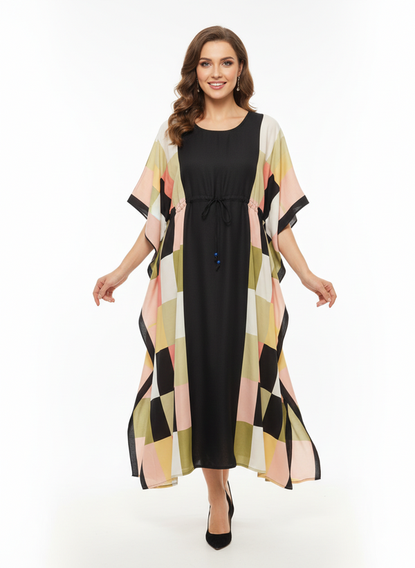 Rizqé Geometric Prism Block-Print Drawstring Kaftan | Beach Wrap