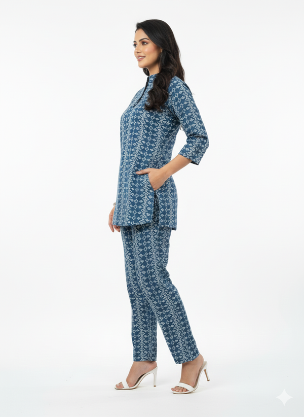 Indigo Tapestry Printed Kurti Co-ord Set | Rizqé by Zadine Elegant Tunic & Trousers