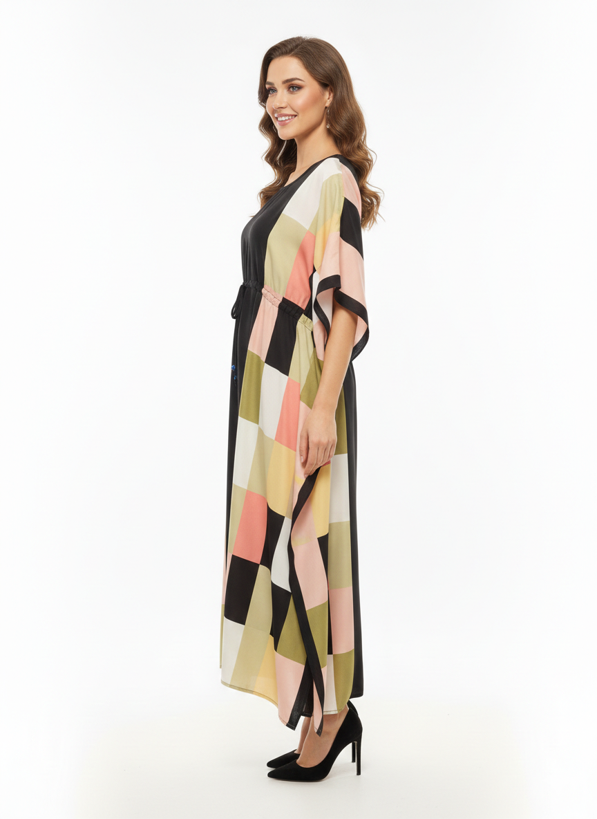 Rizqé Geometric Prism Block-Print Drawstring Kaftan | Beach Wrap