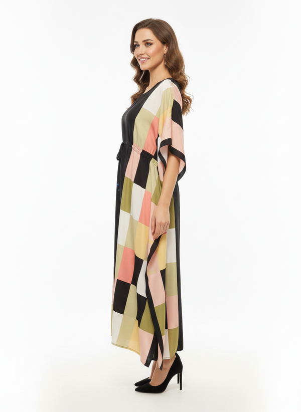 Rizqé Geometric Prism Block-Print Drawstring Kaftan | Beach Wrap