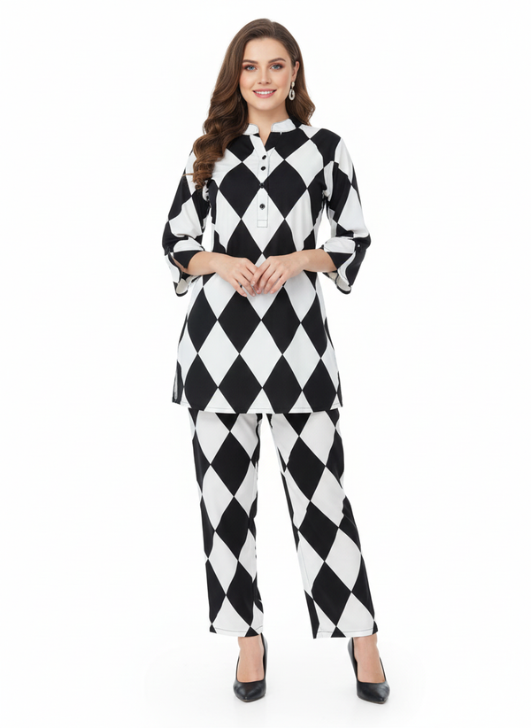 Harlequin Diamond Printed Kurti Co-ord Set | Rizqé by Zadine Black & White Geometric Tunic