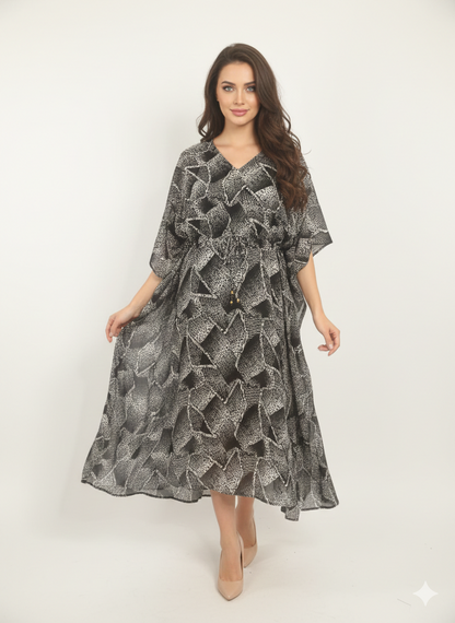 Rizqé Monochromatic Marble Abstract Drawstring Kaftan | Beach Wear