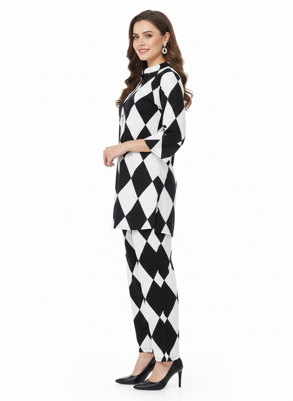 Harlequin Diamond Printed Kurti Co-ord Set | Rizqé by Zadine Black & White Geometric Tunic