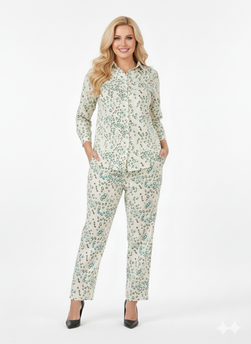 Kiwi Spot Co-ord Set | Rizqé Cream Green Leopard Chiffon Feel Shirt and Trousers