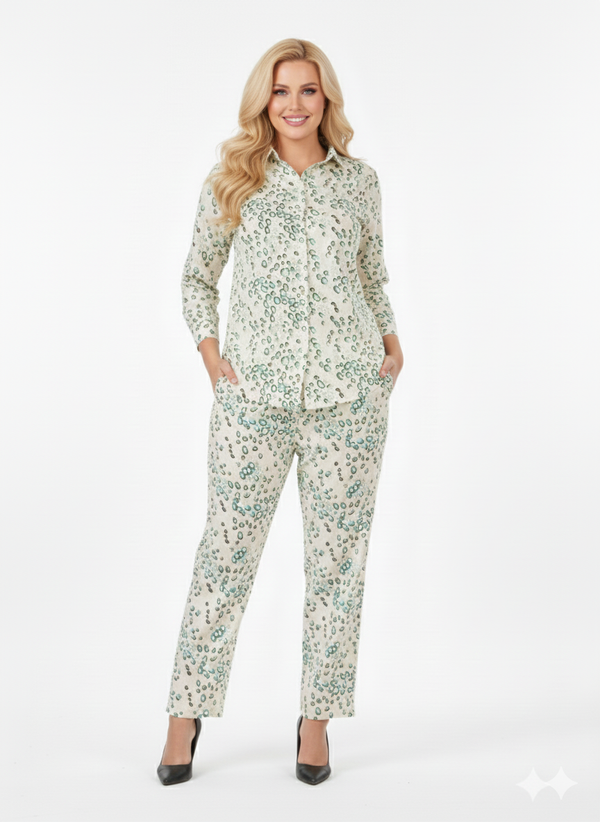 Kiwi Spot Co-ord Set | Rizqé Cream Green Leopard Chiffon Feel Shirt and Trousers