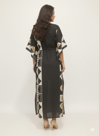 Rizqé Geometric Onyx Block-Print Drawstring Kaftan | Beach Wrap