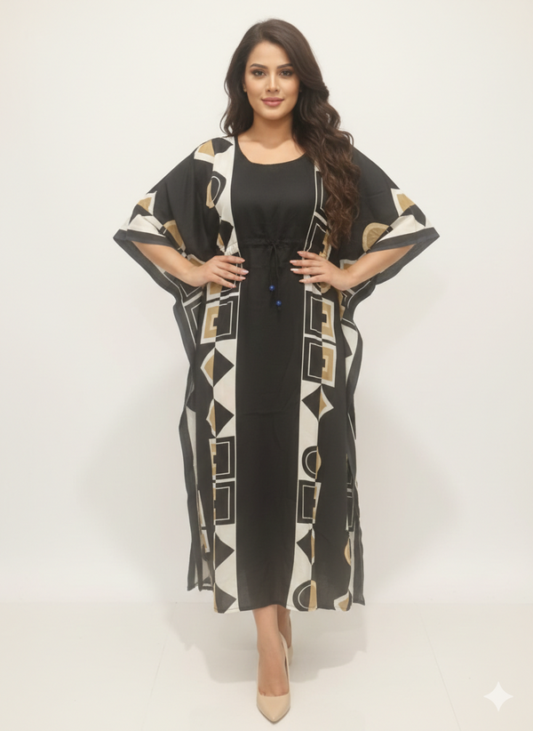 Rizqé Geometric Onyx Block-Print Drawstring Kaftan | Beach Wrap