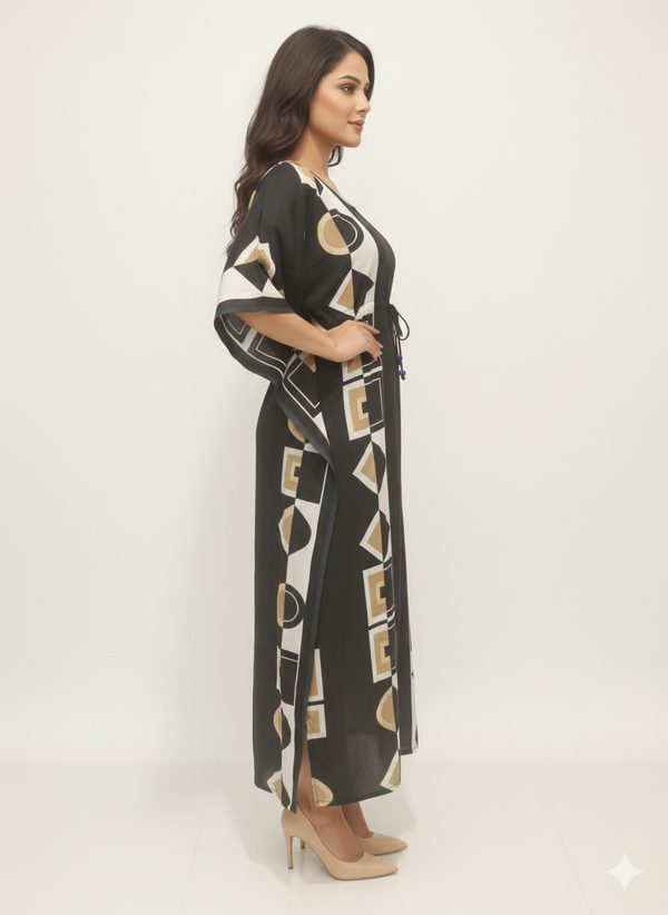 Rizqé Geometric Onyx Block-Print Drawstring Kaftan | Beach Wrap
