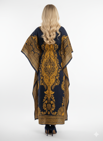 Majestic Navy & Gold Paisley Kaftan | Polyester Abaya Maxi Dress| Jalabiya
