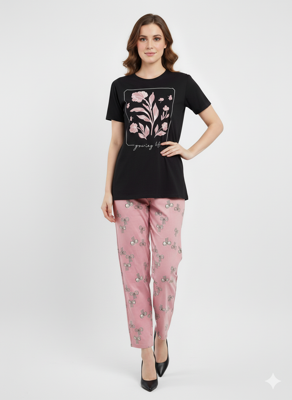 Rizqé Women's Floral T-Shirt & Pyjama Pant Set | Lycra Night Suit