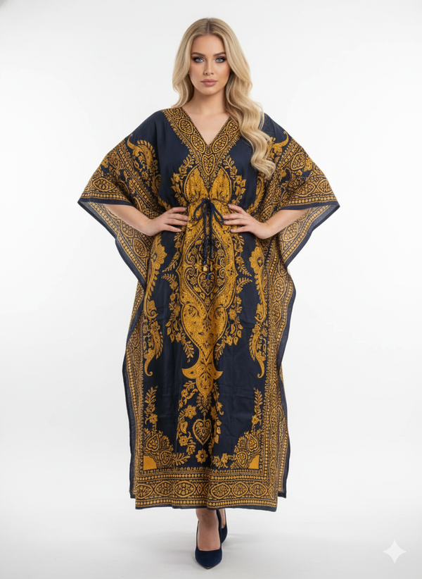 Majestic Navy & Gold Paisley Kaftan | Polyester Abaya Maxi Dress| Jalabiya