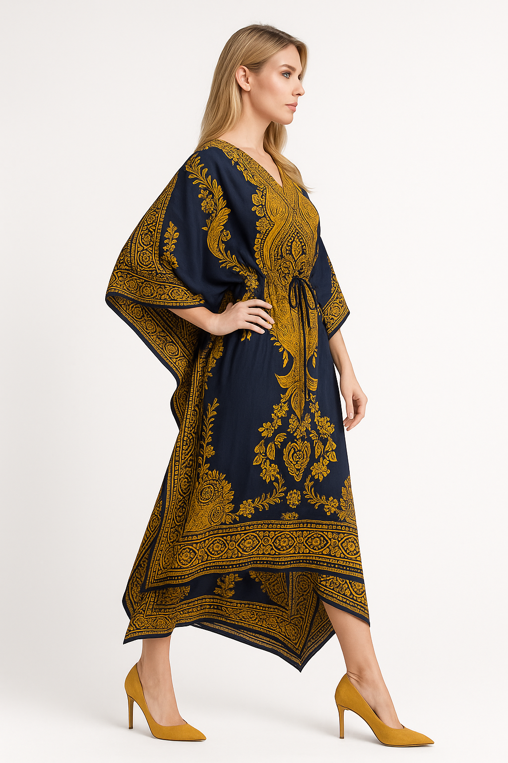Majestic Navy & Gold Paisley Kaftan | Polyester Abaya Maxi Dress| Jalabiya