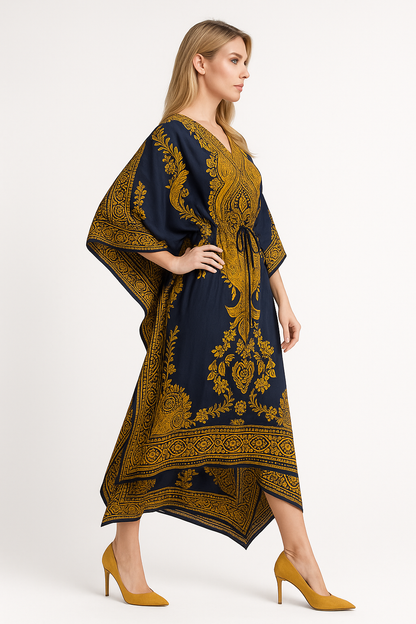 Majestic Navy & Gold Paisley Kaftan | Polyester Abaya Maxi Dress| Jalabiya