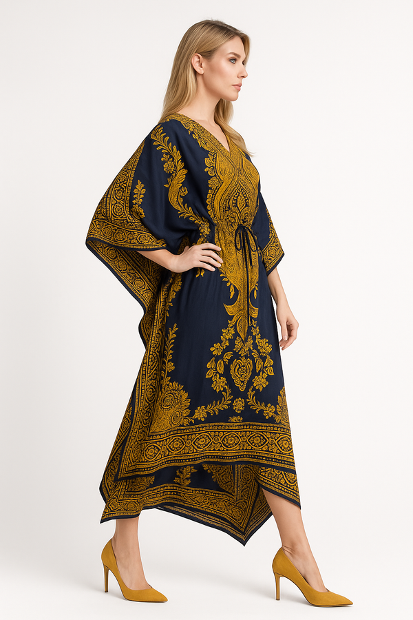 Majestic Navy & Gold Paisley Kaftan | Polyester Abaya Maxi Dress| Jalabiya