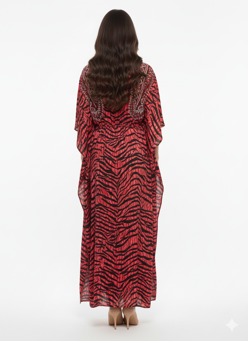 Rizqé Crimson Tiger-Eye Embroidered Kaftan | Beach Cover