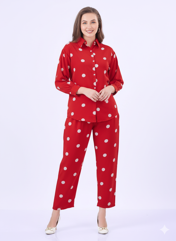 Retro Dot Co-ord Set | Rizqé Red Polka Dot Chiffon Feel Long Sleeve Shirt and Trousers