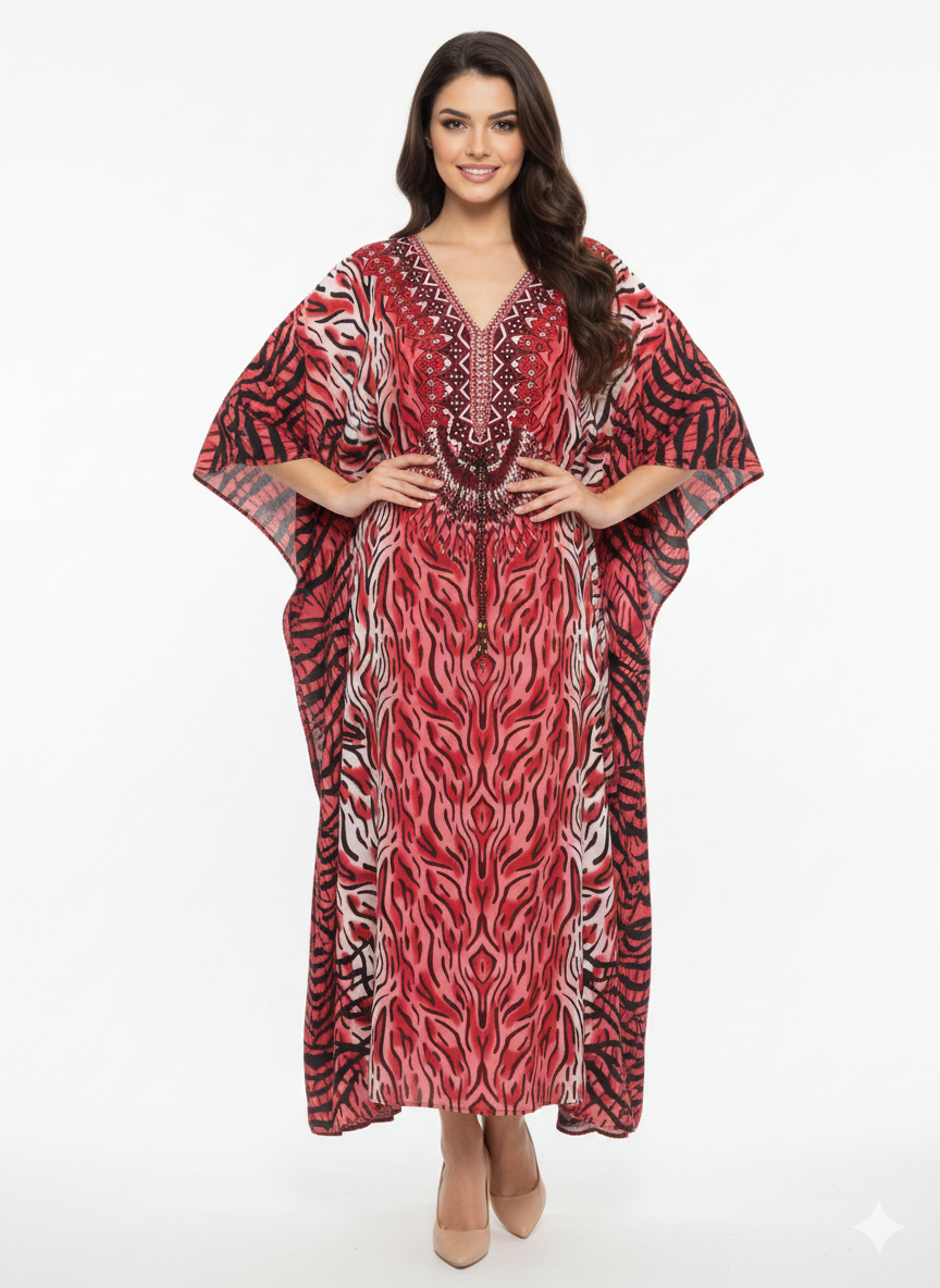 Rizqé Crimson Tiger-Eye Embroidered Kaftan | Beach Cover