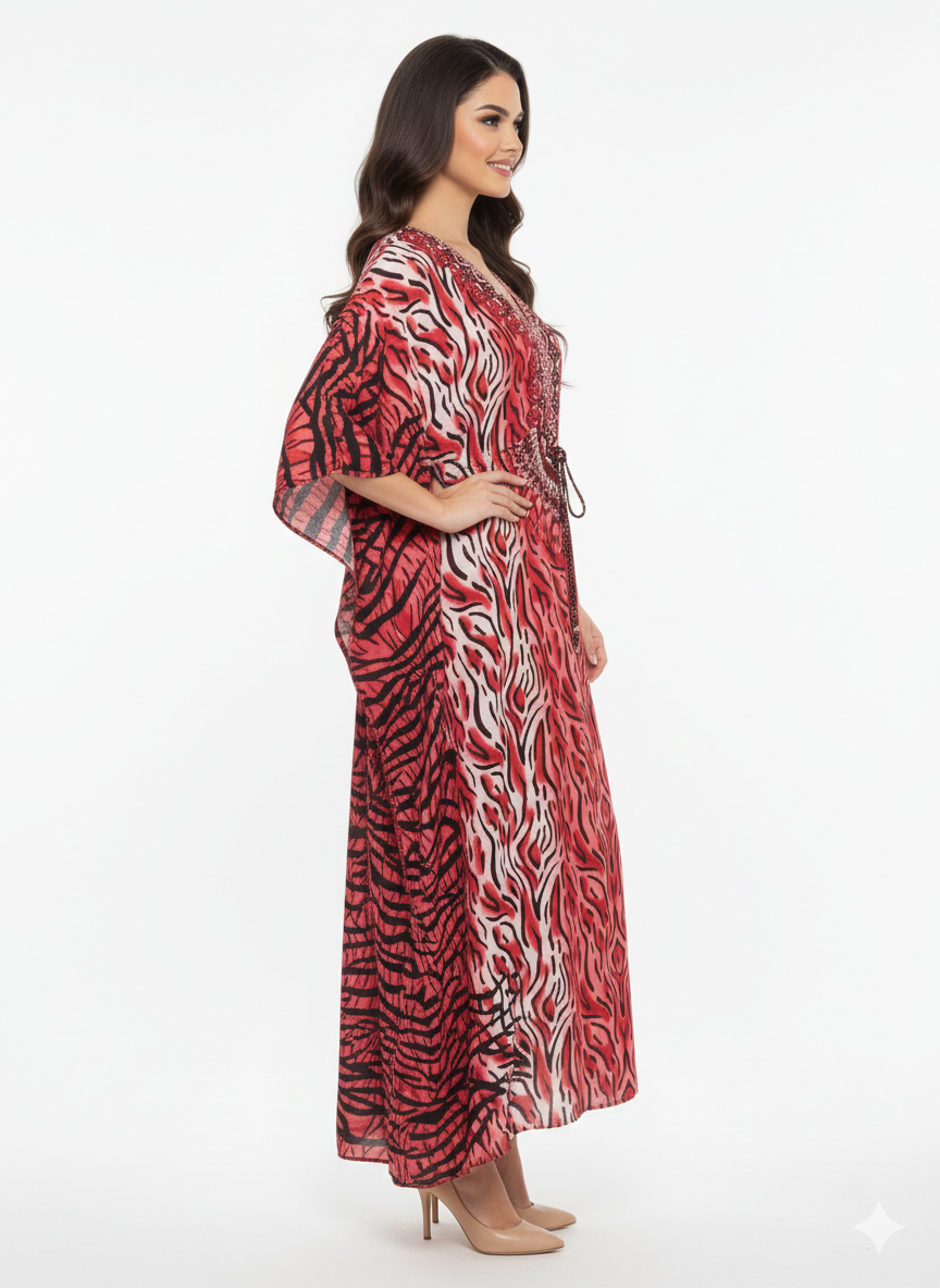 Rizqé Crimson Tiger-Eye Embroidered Kaftan | Beach Cover