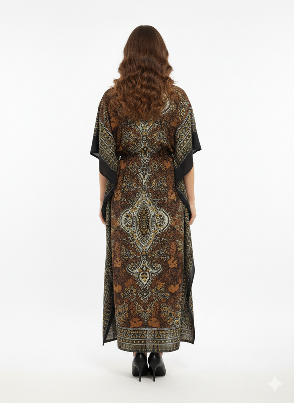 Rizqé Bronze Earth Artisanal Paisley Drawstring Kaftan | Beach Wear