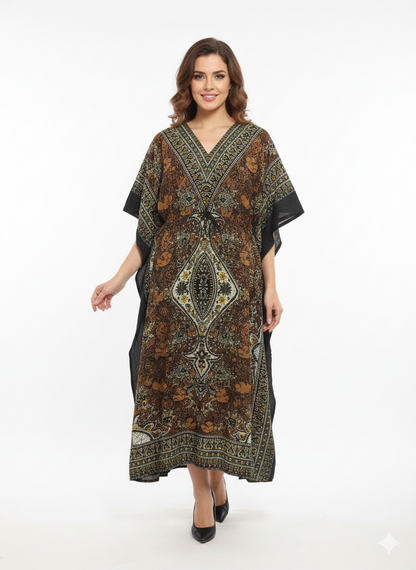 Rizqé Bronze Earth Artisanal Paisley Drawstring Kaftan | Beach Wear