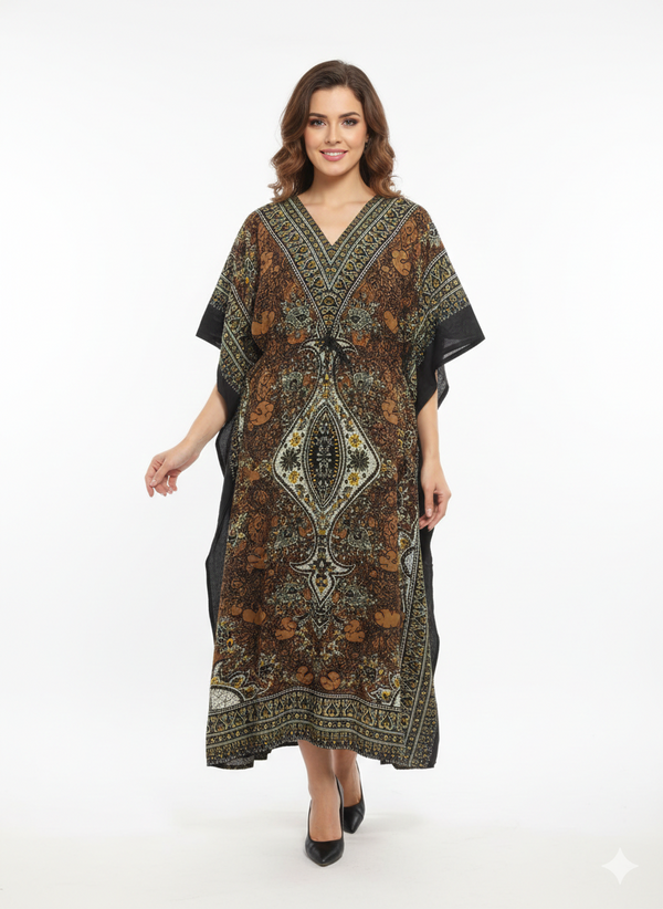 Rizqé Bronze Earth Artisanal Paisley Drawstring Kaftan | Beach Wear