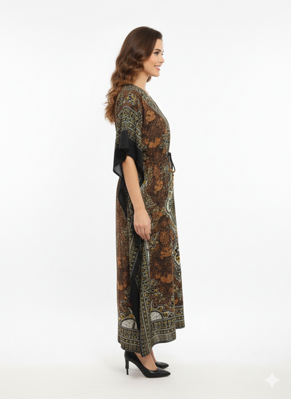 Rizqé Bronze Earth Artisanal Paisley Drawstring Kaftan | Beach Wear