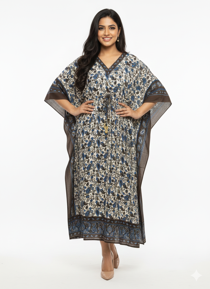 Rizqé Azure Earth Artisanal Paisley Drawstring Kaftan | Beach Wrap