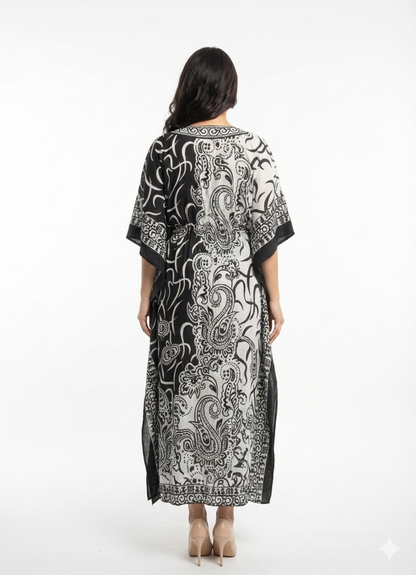 Rizqé Monochromatic Split Artisanal Drawstring Kaftan | Beach Wrap