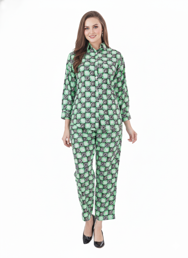 Mod Green Co-ord Set | Rizqé Geometric Print Chiffon Feel Long Sleeve Shirt and Trousers