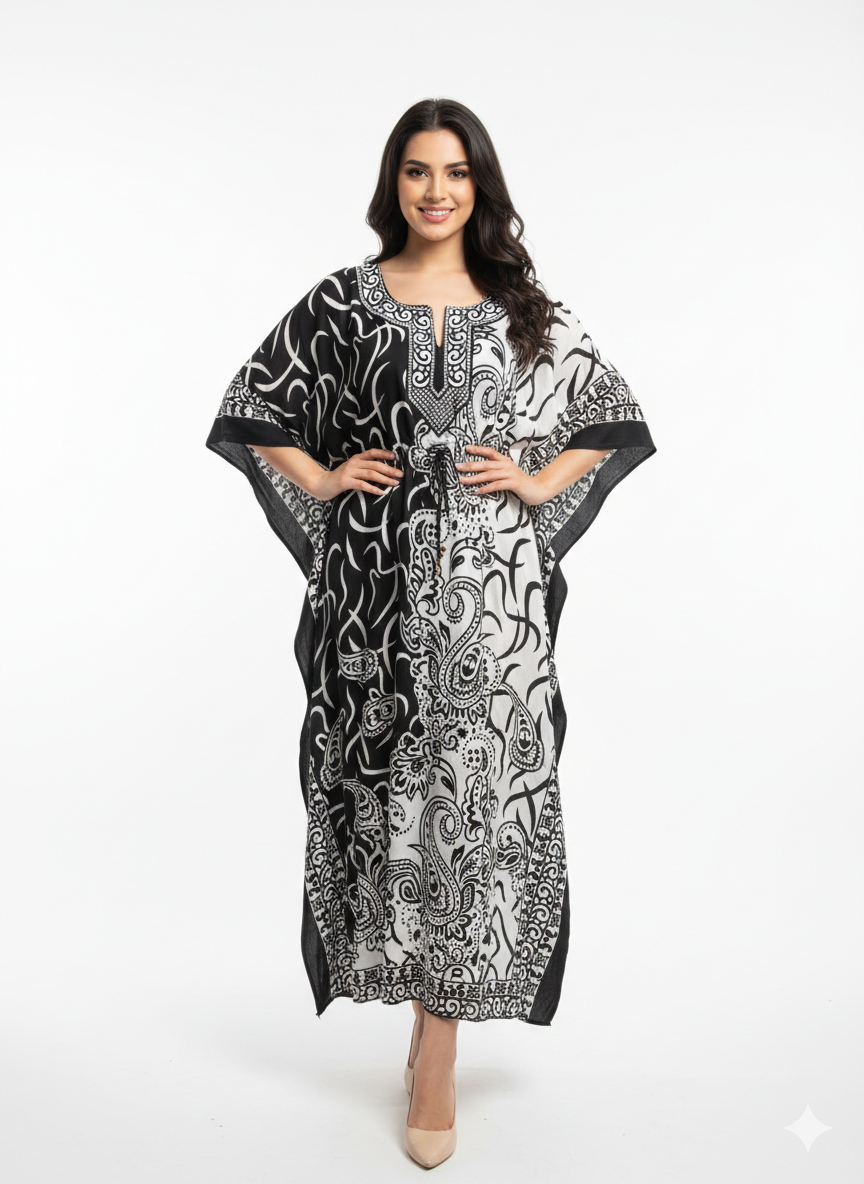 Rizqé Monochromatic Split Artisanal Drawstring Kaftan | Beach Wrap