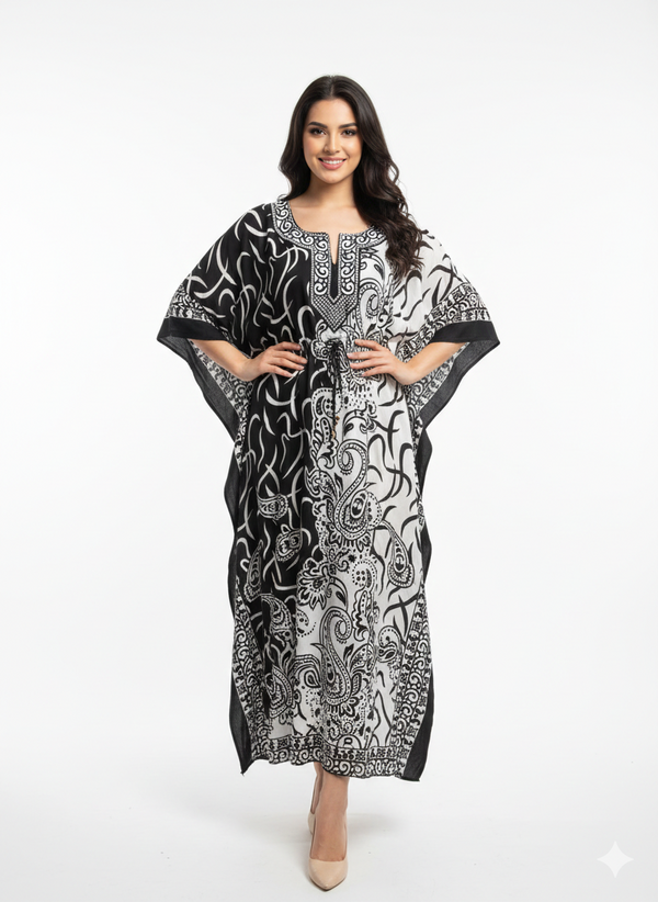 Rizqé Monochromatic Split Artisanal Drawstring Kaftan | Beach Wrap