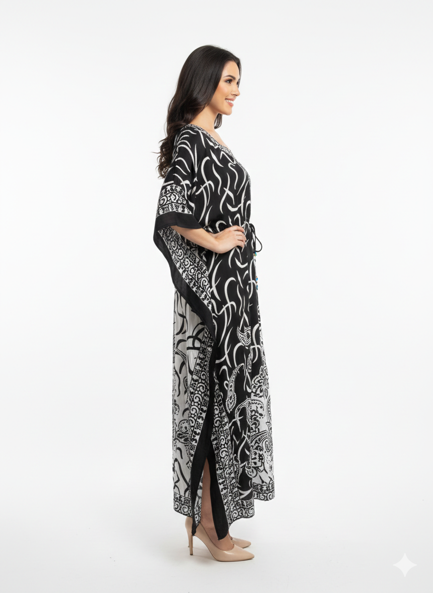 Rizqé Monochromatic Split Artisanal Drawstring Kaftan | Beach Wrap