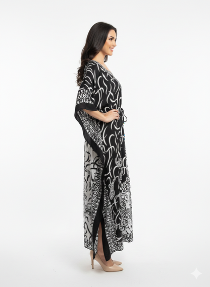 Rizqé Monochromatic Split Artisanal Drawstring Kaftan | Beach Wrap