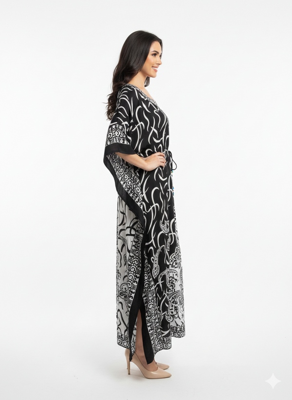 Rizqé Monochromatic Split Artisanal Drawstring Kaftan | Beach Wrap