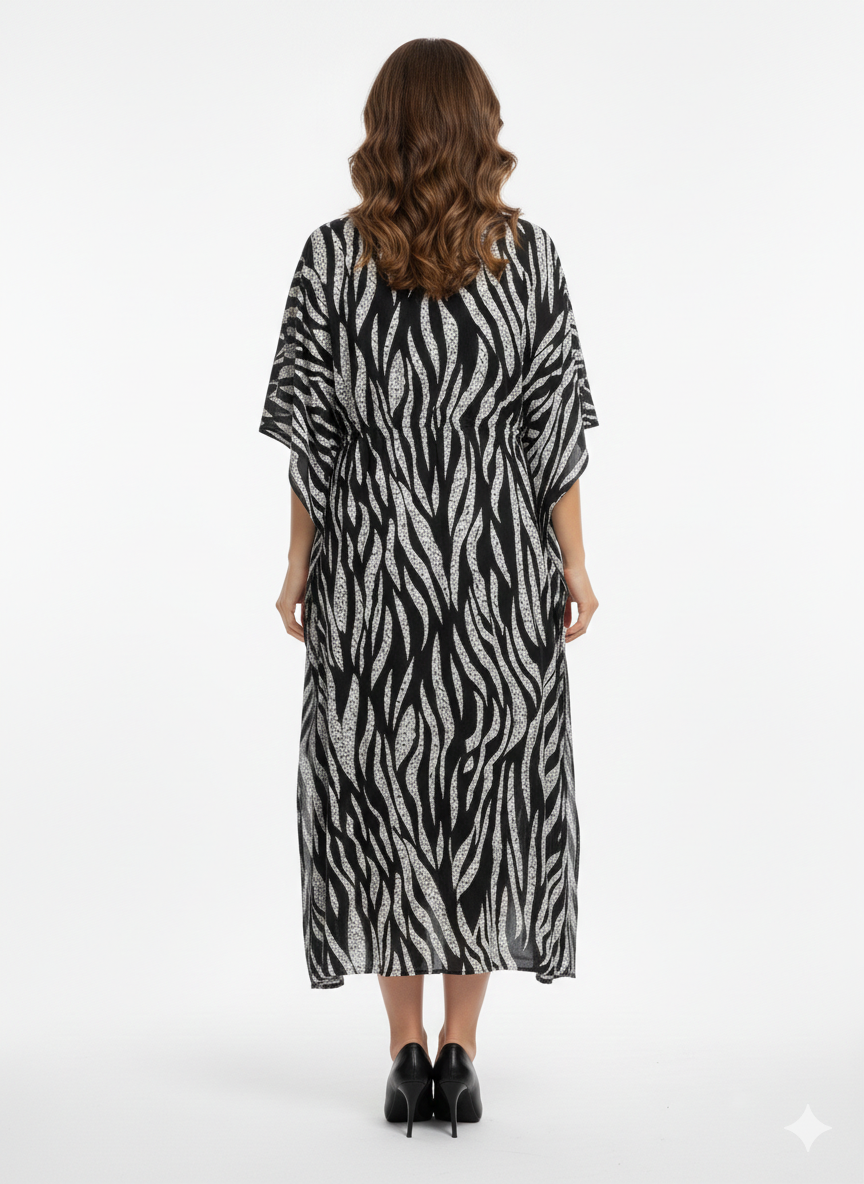 Rizqé Onyx & Frost Abstract Zebra Swirl Kaftan | Beach Wear