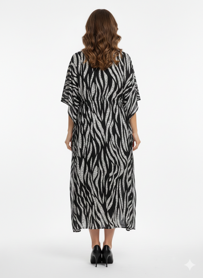 Rizqé Onyx & Frost Abstract Zebra Swirl Kaftan | Beach Wear