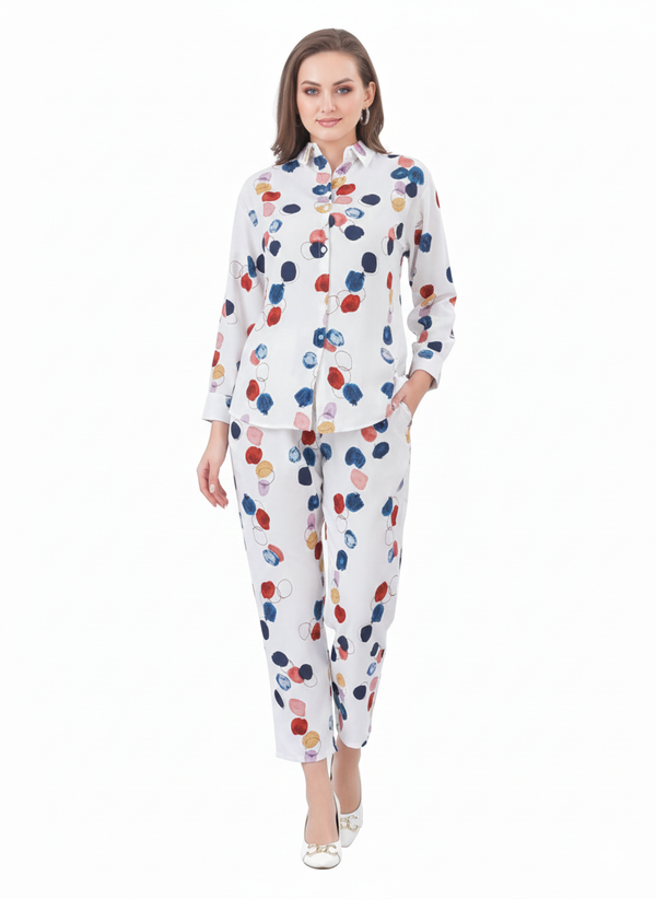 Confetti Abstract Co-ord Set  | Rizqé White Multicolored Dot Chiffon Feel Shirt and Trousers