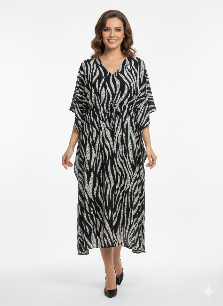 Rizqé Onyx & Frost Abstract Zebra Swirl Kaftan | Beach Wear