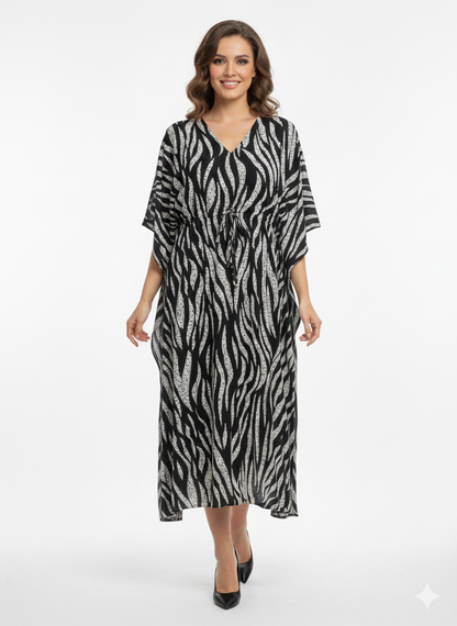 Rizqé Onyx & Frost Abstract Zebra Swirl Kaftan | Beach Wear