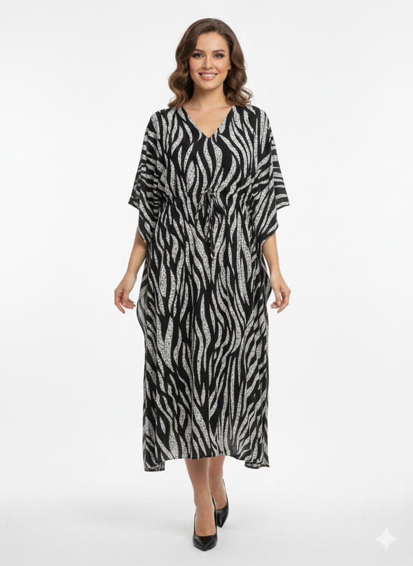 Rizqé Onyx & Frost Abstract Zebra Swirl Kaftan | Beach Wear