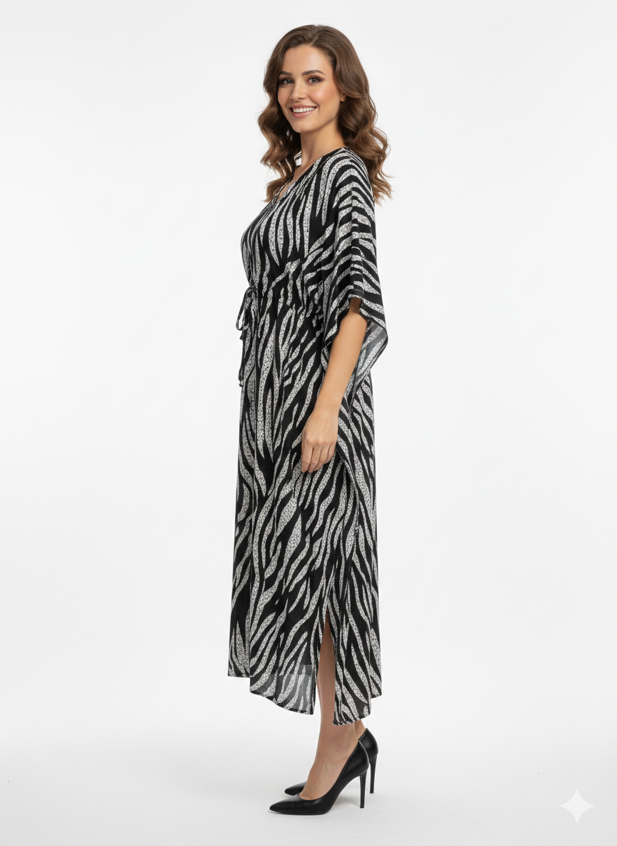 Rizqé Onyx & Frost Abstract Zebra Swirl Kaftan | Beach Wear