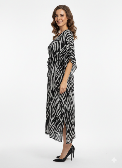 Rizqé Onyx & Frost Abstract Zebra Swirl Kaftan | Beach Wear