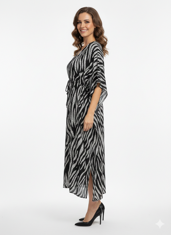 Rizqé Onyx & Frost Abstract Zebra Swirl Kaftan | Beach Wear