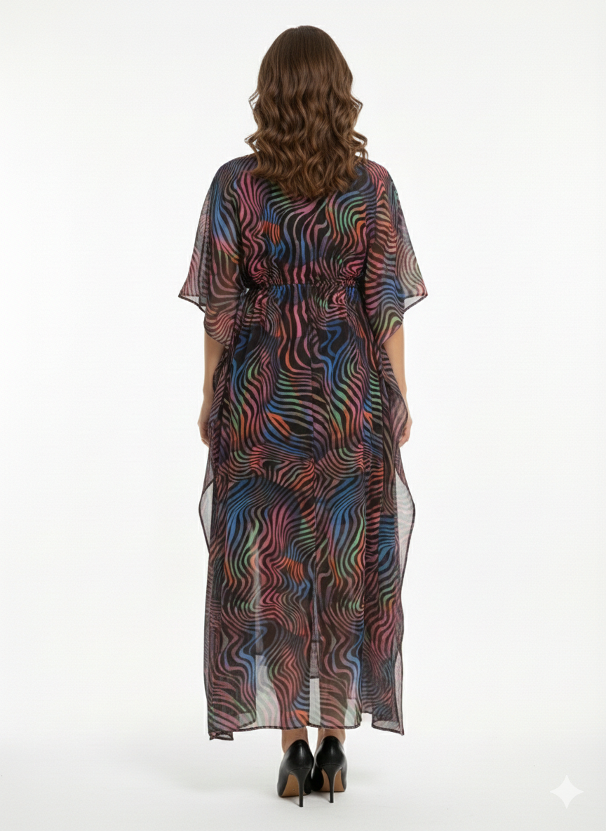 Rizqé Neon Nebula Multicolor Swirl Drawstring Kaftan | Beach Cover