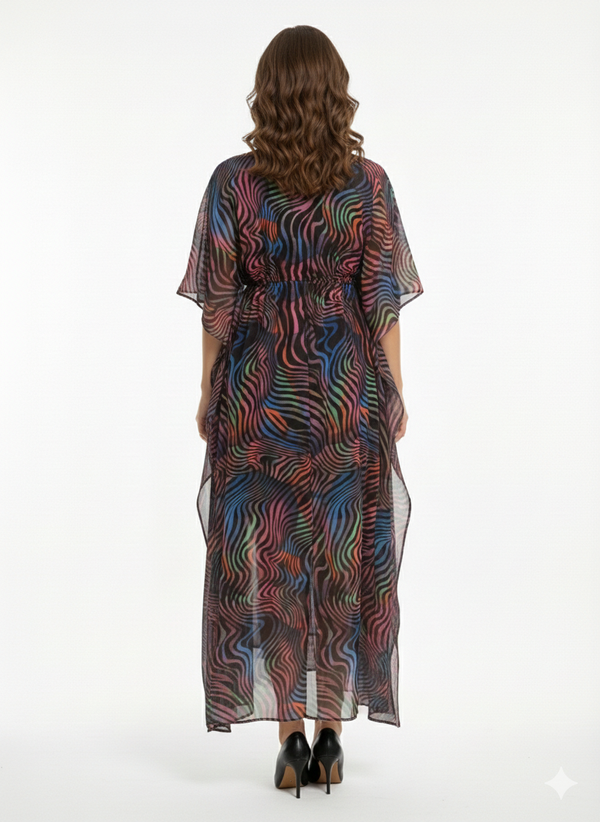 Rizqé Neon Nebula Multicolor Swirl Drawstring Kaftan | Beach Cover